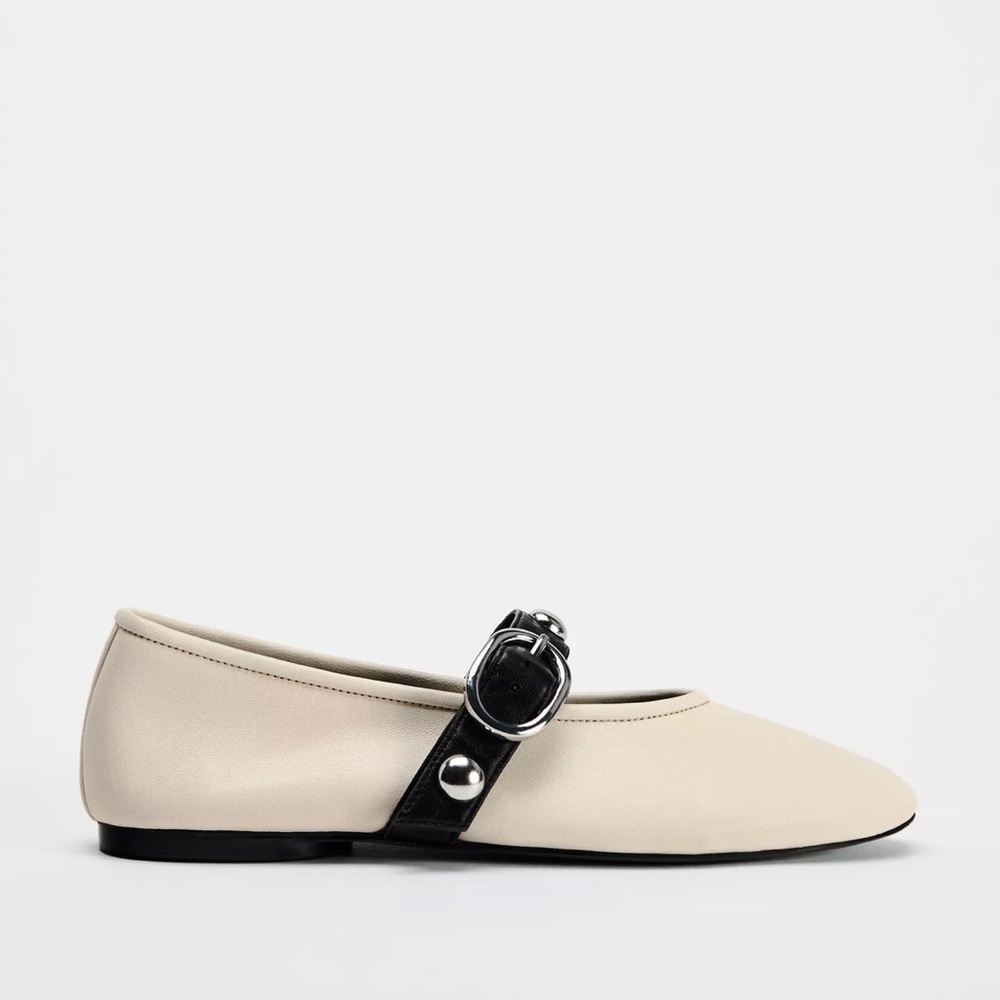 Elegant Cream Women's Shoes with Black Buckle STUDDED LEATHER BALLET FLATS zara